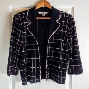 Ming Wang Pink Crochet Trim Black Open Knit Cardigan